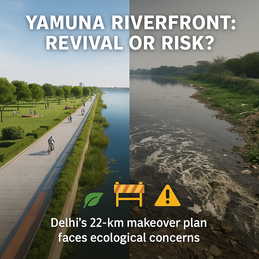 Delhi's proposed Yamuna riverfront redevelopment with clean promenades on one side and the polluted river on the other, highlighting ecological concerns.