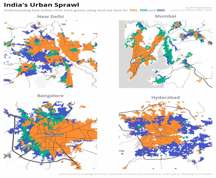 Map showing Urban sprawl in various cities : URBAN SPRWAL IN INDIA