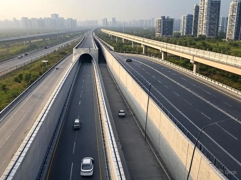 High-speed corridor and tunnel connecting Delhi-Gurgaon with elevated highways and modern cityscape, part of NCR traffic relief plan.