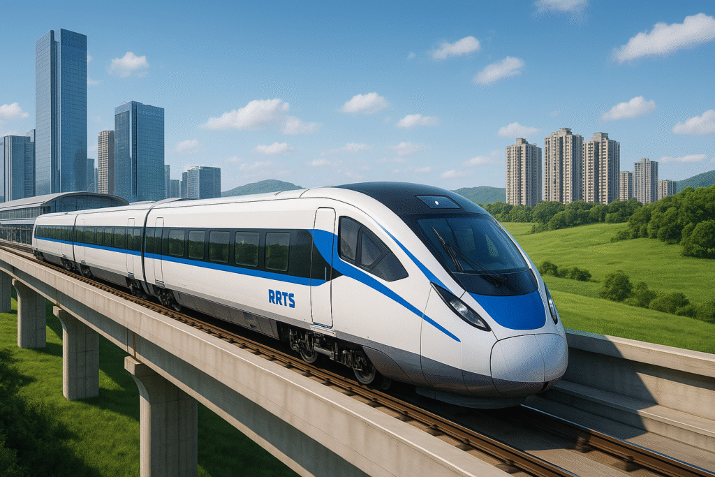 High-speed RRTS train on elevated track between Bengaluru and Mysuru with urban skyline and green landscape Bengaluru–Mysuru Rapid Rail