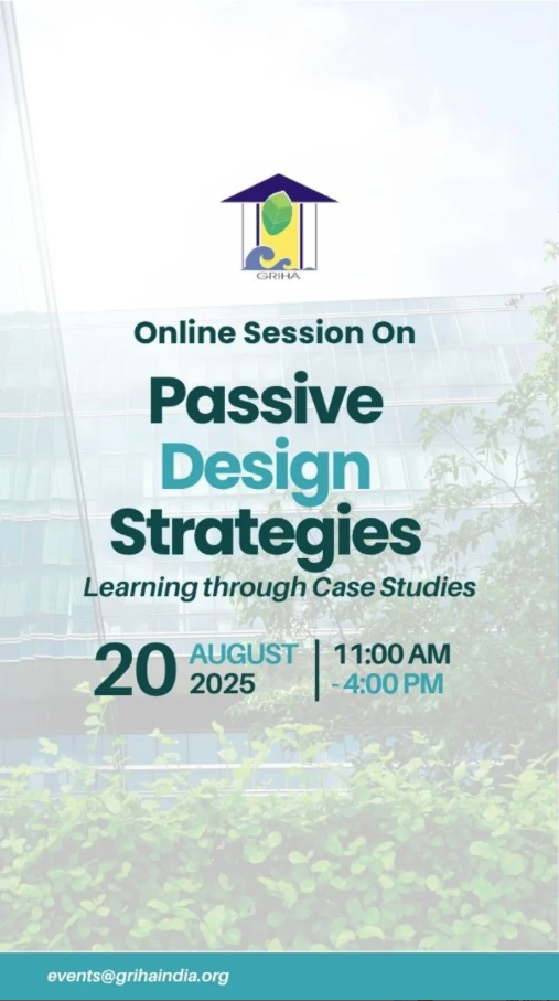 Poster for GRIHA Council’s Online Session on Passive Design Strategies, featuring architectural diagrams and session details scheduled for 20 August 2025.