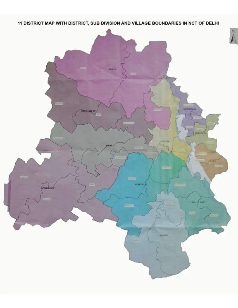 Map of Delhi showing the 11 revenue districts, sub-divisions, and village boundaries within the National Capital Territory (NCT) MCD Boundaries