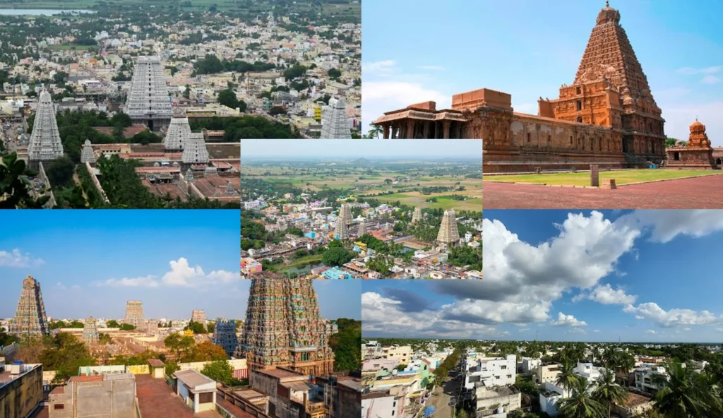 Collage of Tamil Nadu villages and temples showcasing cultural heritage under Mera Gaon Meri Dharohar scheme