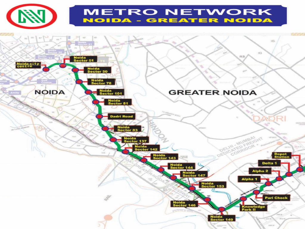 Map of Noida–Greater Noida Metro Aqua Line with stations from Noida City Centre to Depot Station via Knowledge Park II.