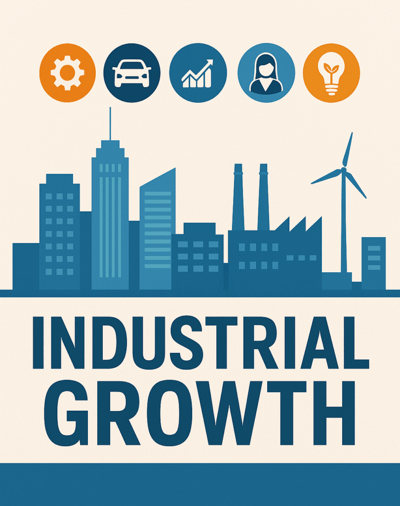 AURIC Smart City industrial growth illustration with buildings, wind turbine, and industry icons.