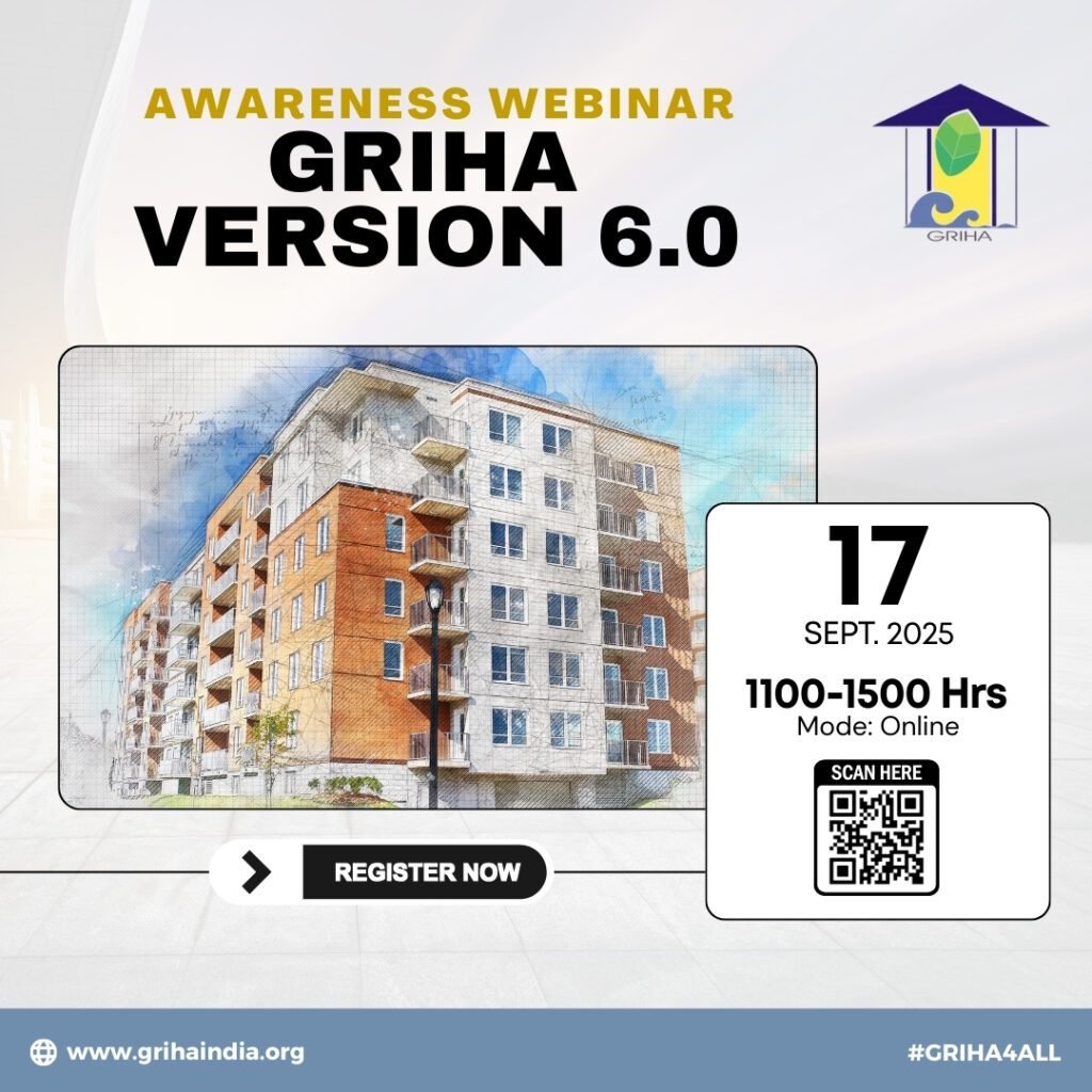 GRIHA Version 6.0 Awareness Webinar 2025 poster with event details and registration link