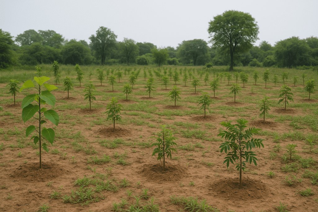 Tree plantation site in Kadarpur for Gurugram Metro afforestation project