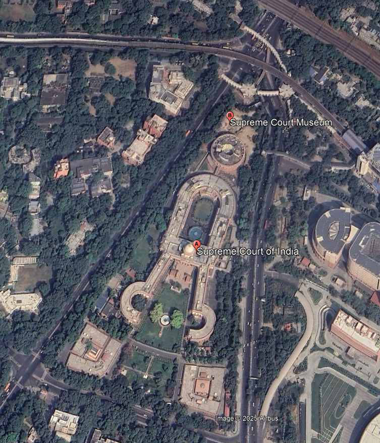 Satellite view of the Supreme Court of India building in New Delhi, designed by architect Ganesh Bhikaji Deolalikar in 1958, symbolizing the scales of justice.