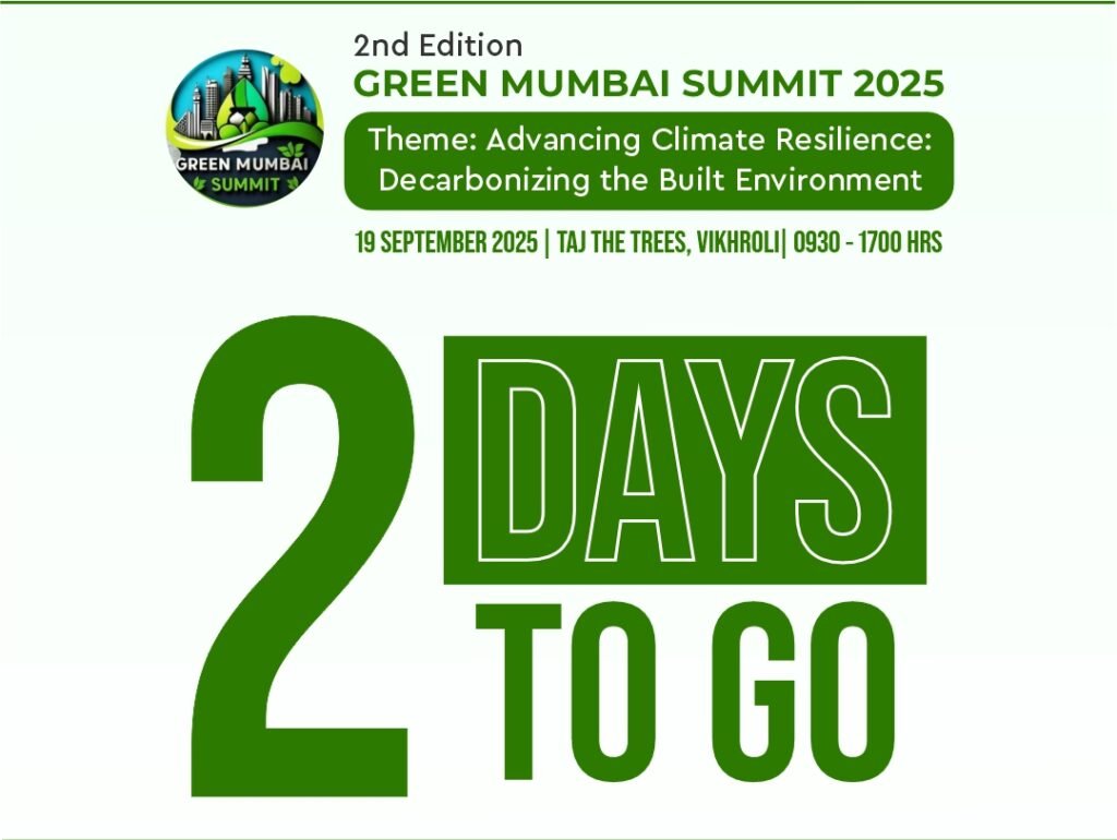 Green Mumbai Summit 2025 countdown poster announcing the event on September 19, 2025 at Taj The Trees, Vikhroli, Mumbai.