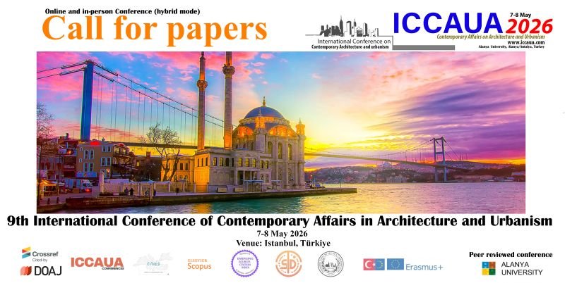Banner of ICCAUA 2026 Call for Papers – 9th International Conference on Contemporary Affairs in Architecture and Urbanism, featuring Istanbul’s Ortaköy Mosque and Bosphorus Bridge at sunset.