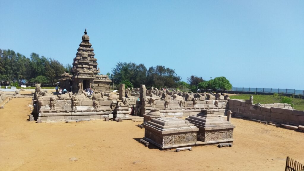 Shore Temple Mahabalipuram aerial view with enclosure wall