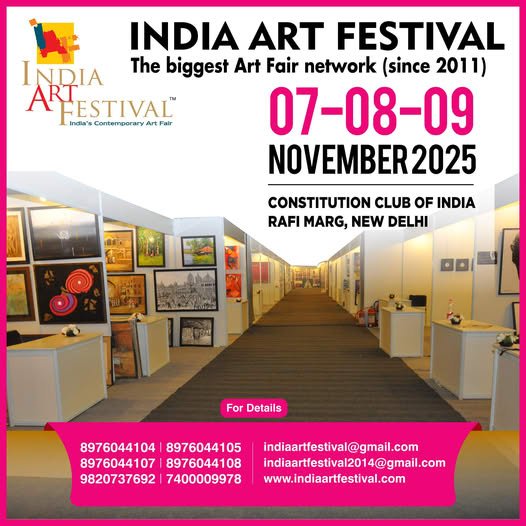 Poster of India Art Festival 2025 showcasing exhibition booths and event details at Constitution Club of India, New Delhi.