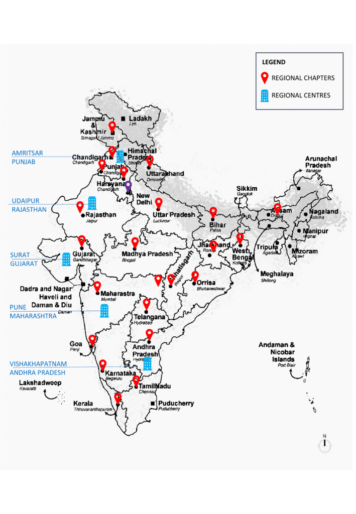 Map of India showing ITPI Regional Chapters and Regional Centres across different states