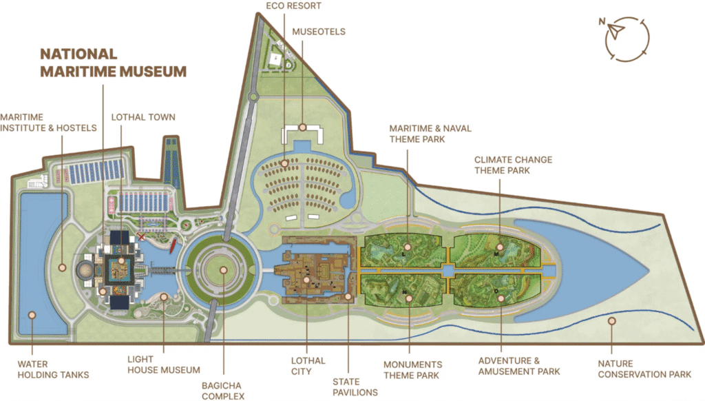 Master plan of the National Maritime Heritage Complex at Lothal showing museums, theme parks, and conservation zones.