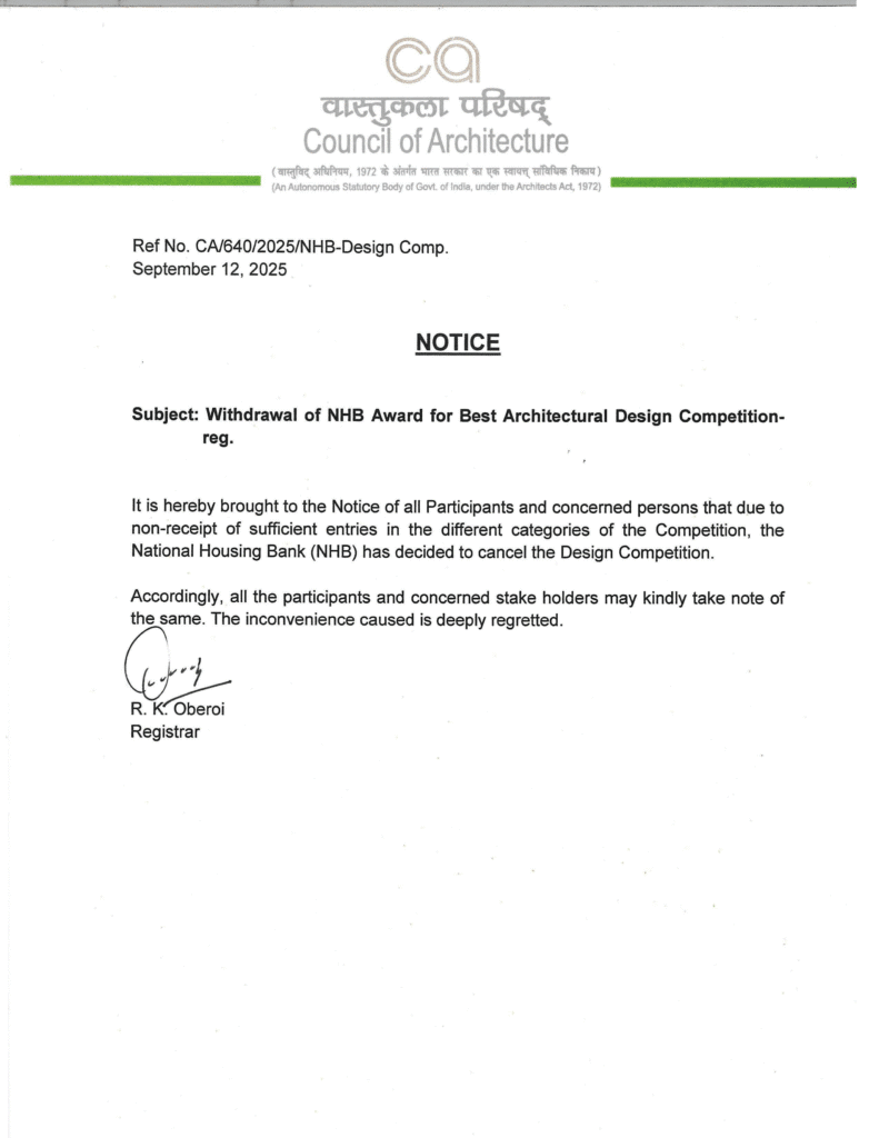 Council of Architecture notice announcing cancellation of NHB Award for Best Architectural Design Competition 2025