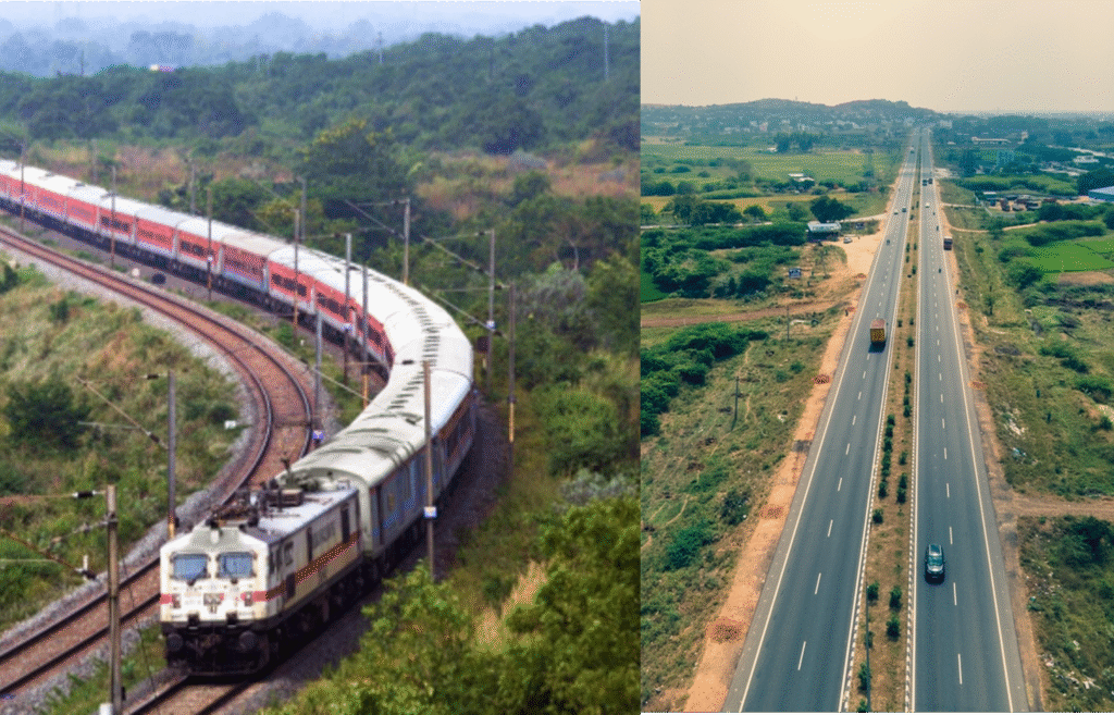Indian railway train on curved tracks and a modern four-lane highway showcasing infrastructure development under PM GatiShakti.