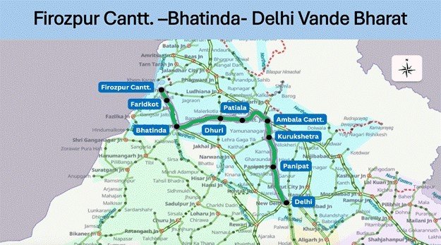 Route map of the proposed Vande Bharat Express service from Firozpur Cantt. via Bathinda and Patiala to Delhi.