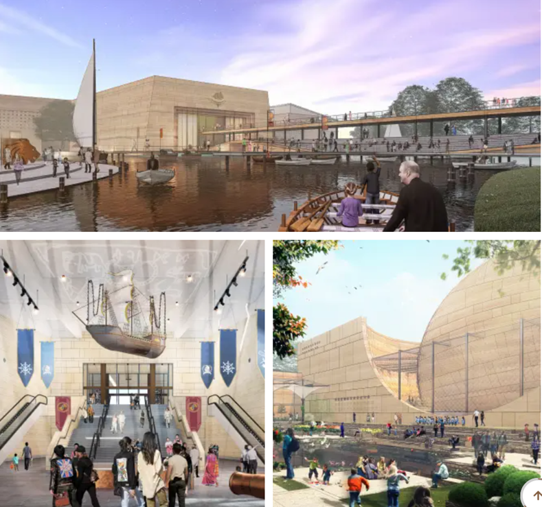 Concept design of the National Maritime Heritage Complex featuring waterfront exhibits and museum interiors.
