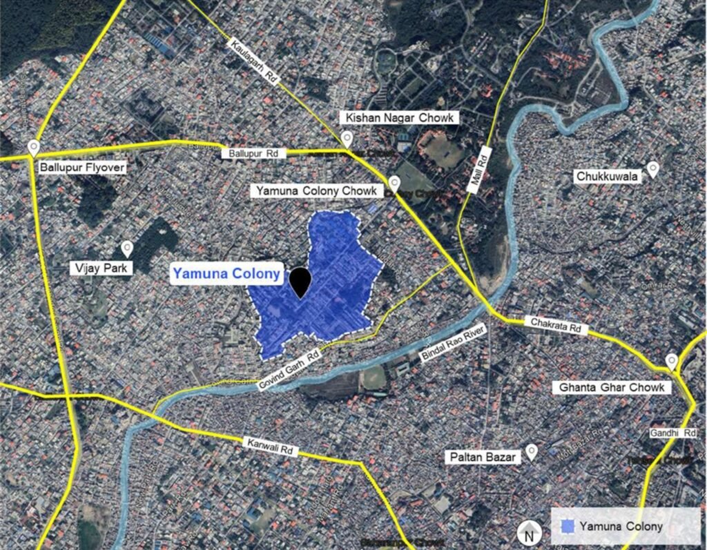 Satellite map showing Yamuna Colony in Dehradun, Uttarakhand