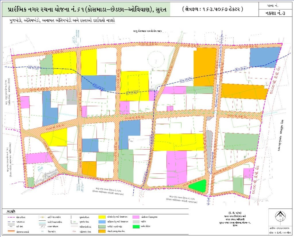 Map layout of Town Planning Scheme No. 61 for Surat showing roads, plots, and zoning around bullet train station