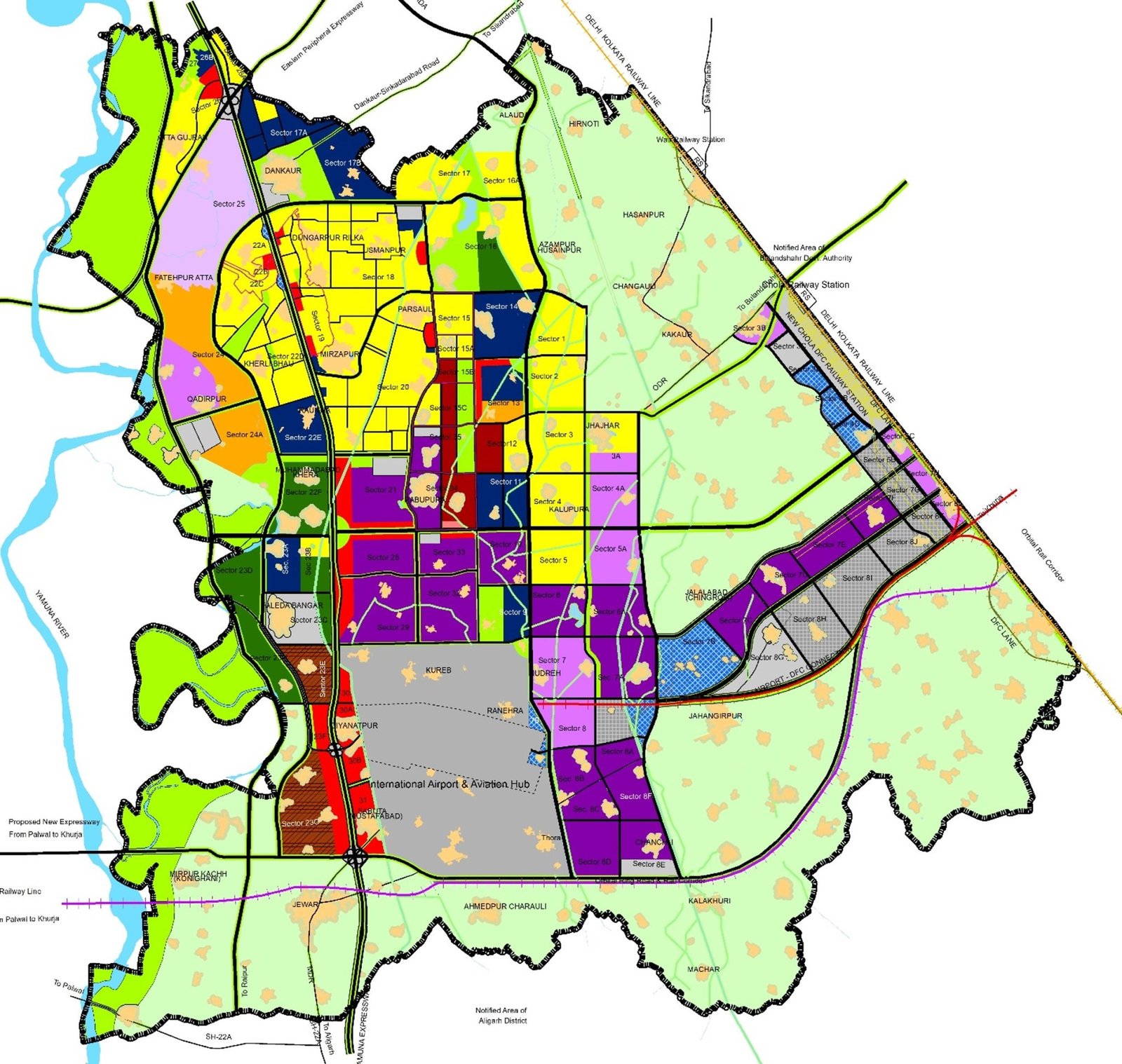 YEIDA Master Plan 2041 highlighting zoning and development areas around Noida International Airport