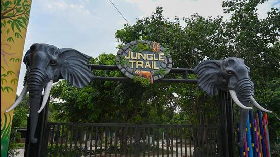 Entrance gate of Noida Waste to Wonder Park, named Jungle Trail, decorated with elephant sculptures