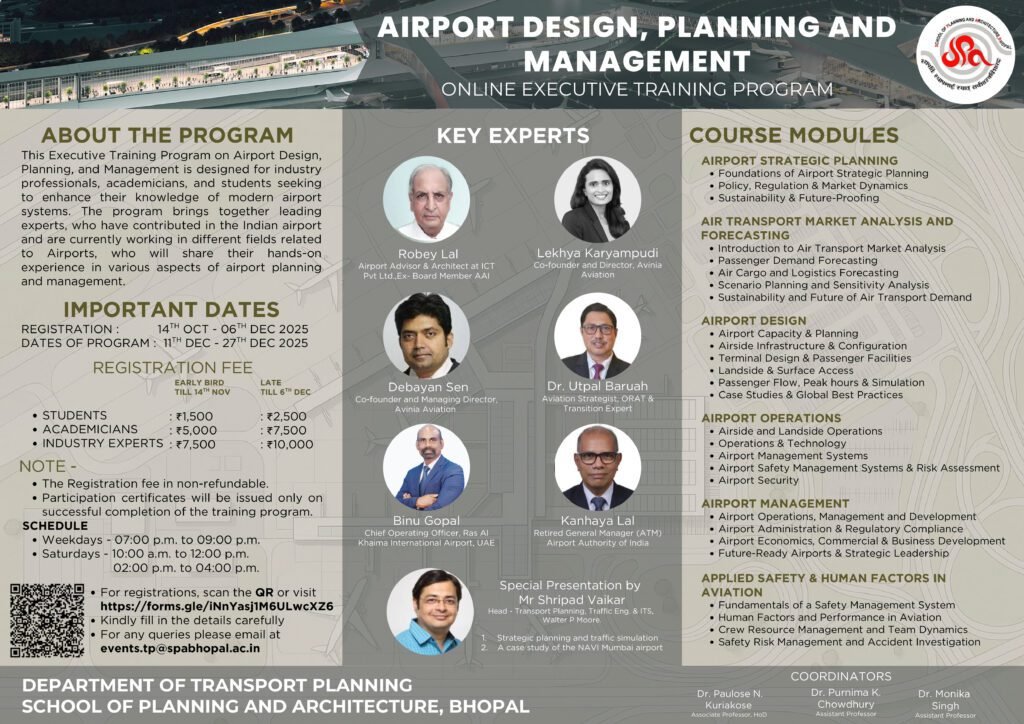 Poster of SPA Bhopal’s Executive Training Program on Airport Design, Planning, and Management, organized by the Department of Transport Planning.
