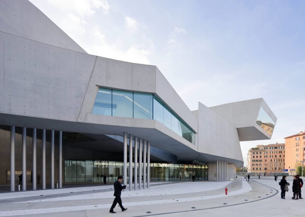 The MAXXI National Museum of 21st Century Arts in Rome, designed by Zaha Hadid with bold concrete and glass forms.