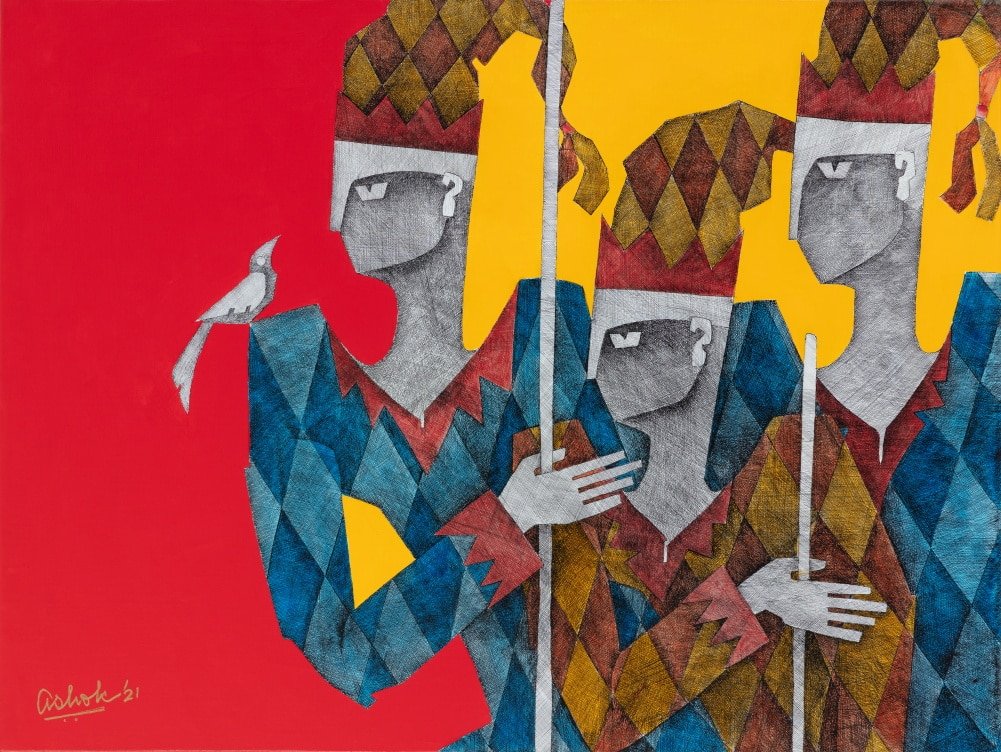 A vibrant artwork by Ashok Bhowmick featuring three abstract human figures in patterned costumes against red and yellow backgrounds, symbolizing human expression and connection.