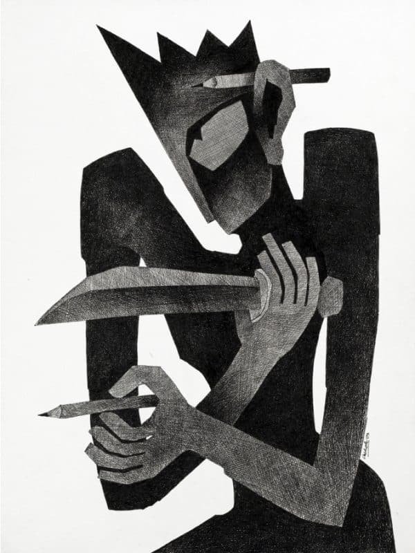 A monochrome artwork by Ashok Bhowmick depicting a stylized figure holding a knife and pencil, reflecting tension and introspection through cross-hatched lines.