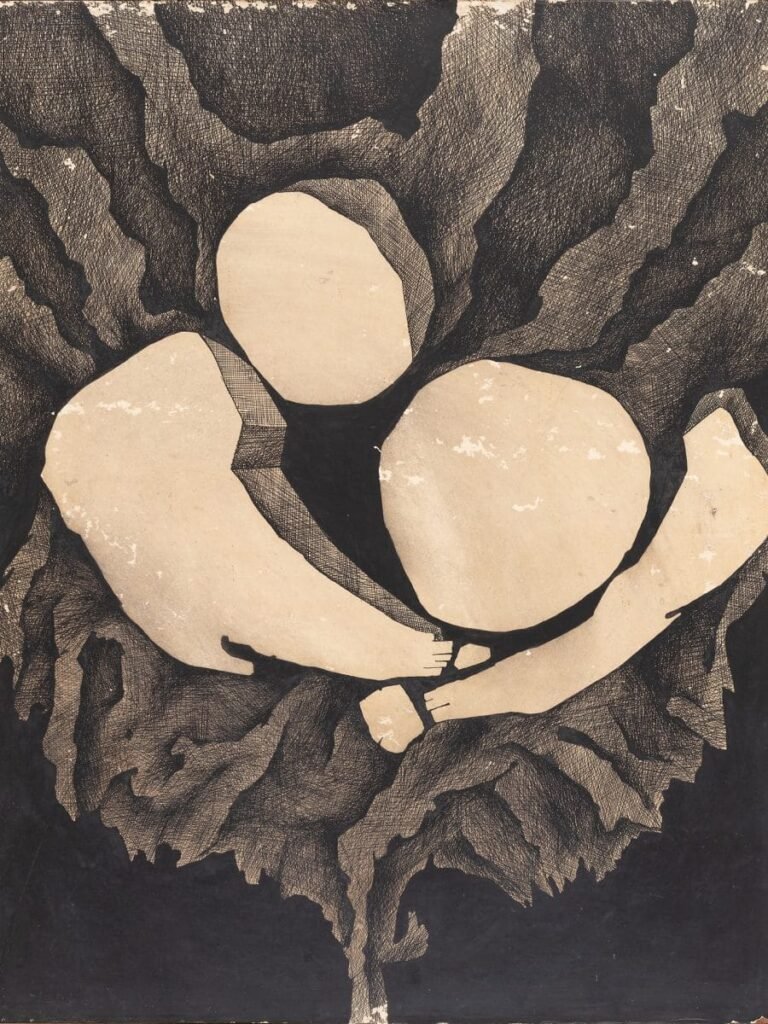 An early pen, ink, and acrylic work by Ashok Bhowmick from 1979 depicting abstract human forms, evoking themes of motherhood and compassion.