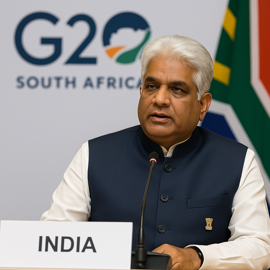Bhupender Yadav, Union Minister for Environment, Climate Finance, Forest and Climate Change, addressing the G20 Environment Ministers’ Meeting in Cape Town, with the G20 South Africa logo in the background.