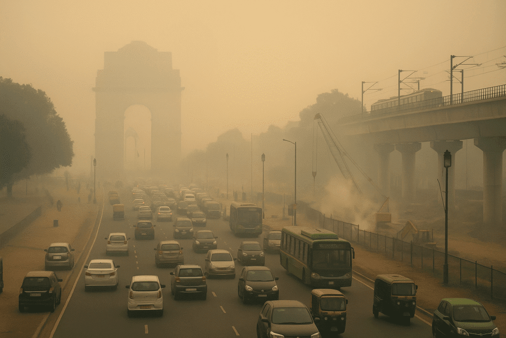 Smog-covered Delhi skyline with vehicles and reduced visibility as CAQM implements Stage-II of GRAP to control air pollution.