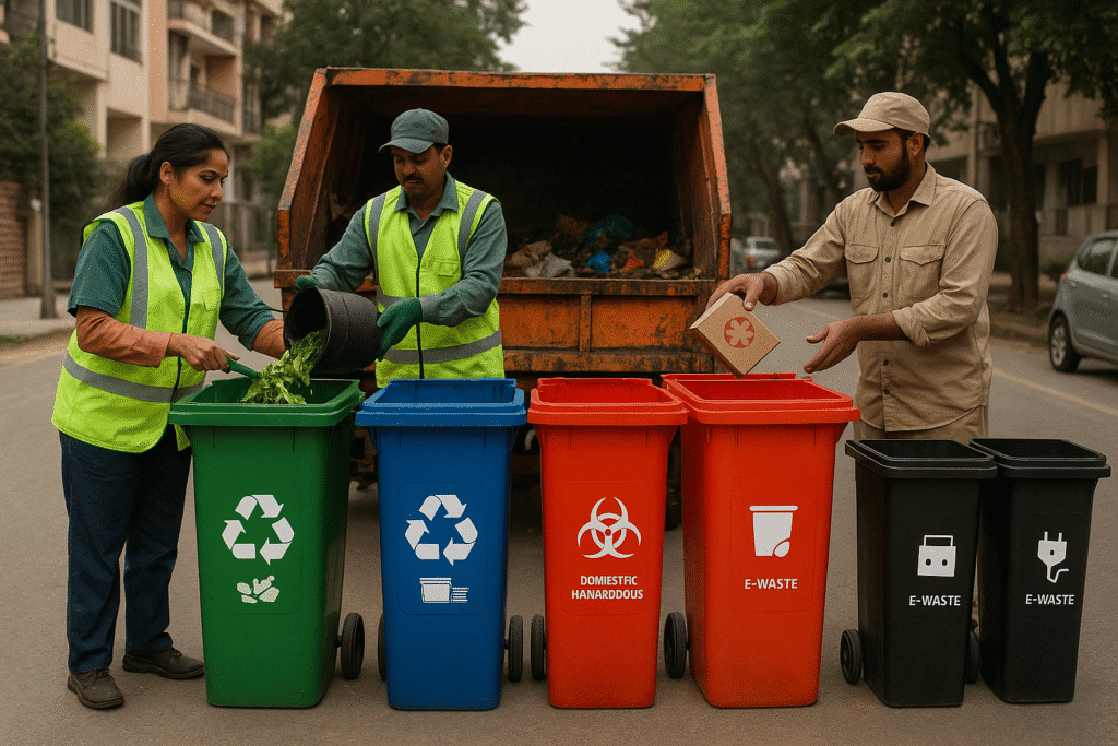 MCG sanitation workers segregating household waste into five color-coded bins under the Solid Waste Management Bylaws 2025 in Gurugram.