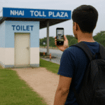 A traveler takes a photo of a toilet facility at an NHAI toll plaza using his smartphone as part of the Clean Toilet Picture Challenge.