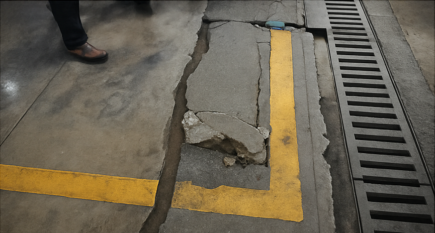 Cracked basement flooring and drainage line at Triveni Apartments in Dwarka Sector 16B, where flooding prompted DDA to seek technical help from IIT Delhi and DTU.