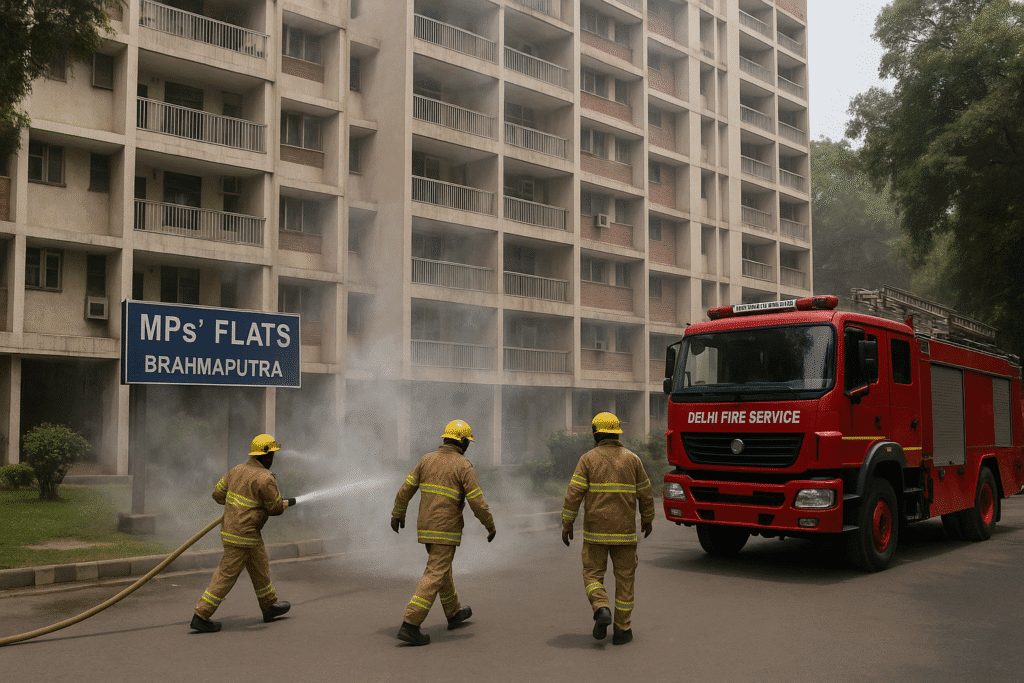 Delhi Fire Service personnel responding to a minor fire at MPs’ Staff Quarters in Brahmaputra Building