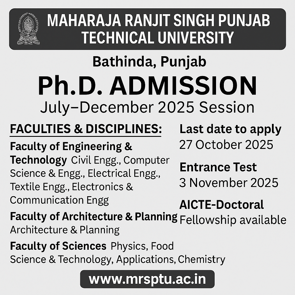 Maharaja Ranjit Singh Punjab Technical University (MRSPTU) Ph.D. Admission Notice 2025
