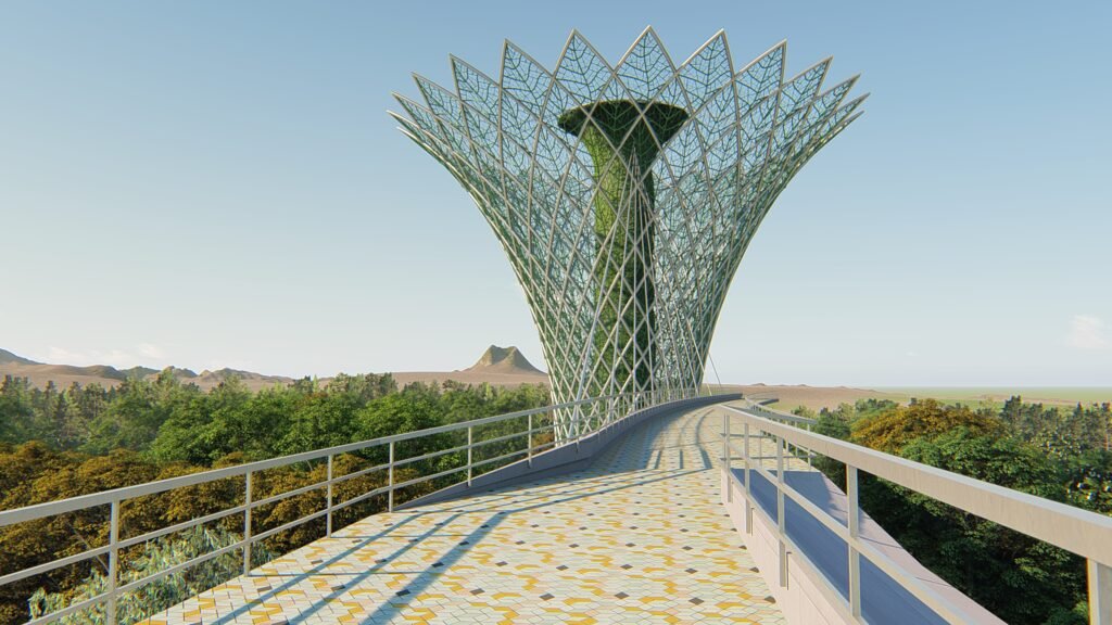 Nbcc Rendering of the spiral-shaped skybridge connecting to a tree-inspired pylon at Bharat Vandana Park, Dwarka.