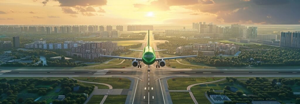 Airplane approaching Navi Mumbai International Airport runway during sunrise, symbolizing India’s new aviation era.