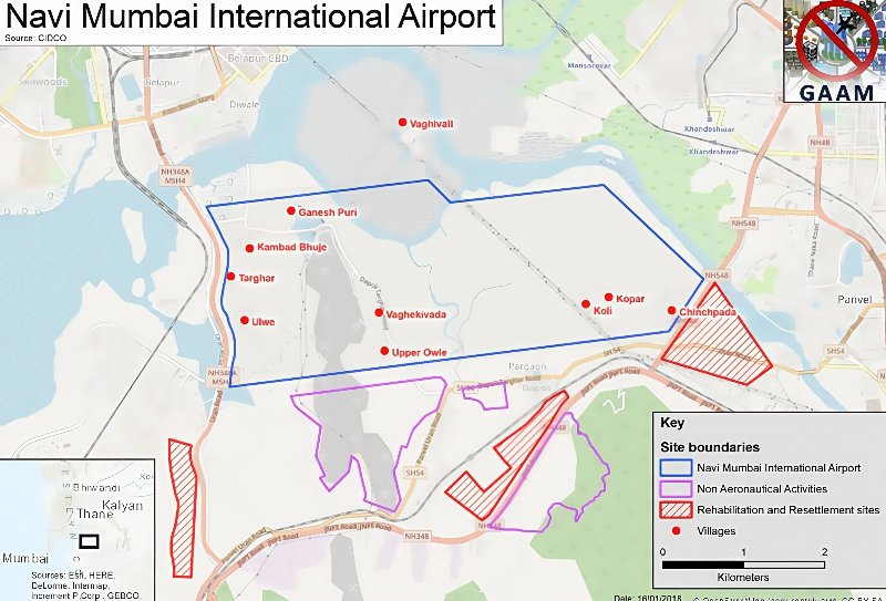Map highlighting NMIA site boundaries and surrounding villages affected by resettlement.