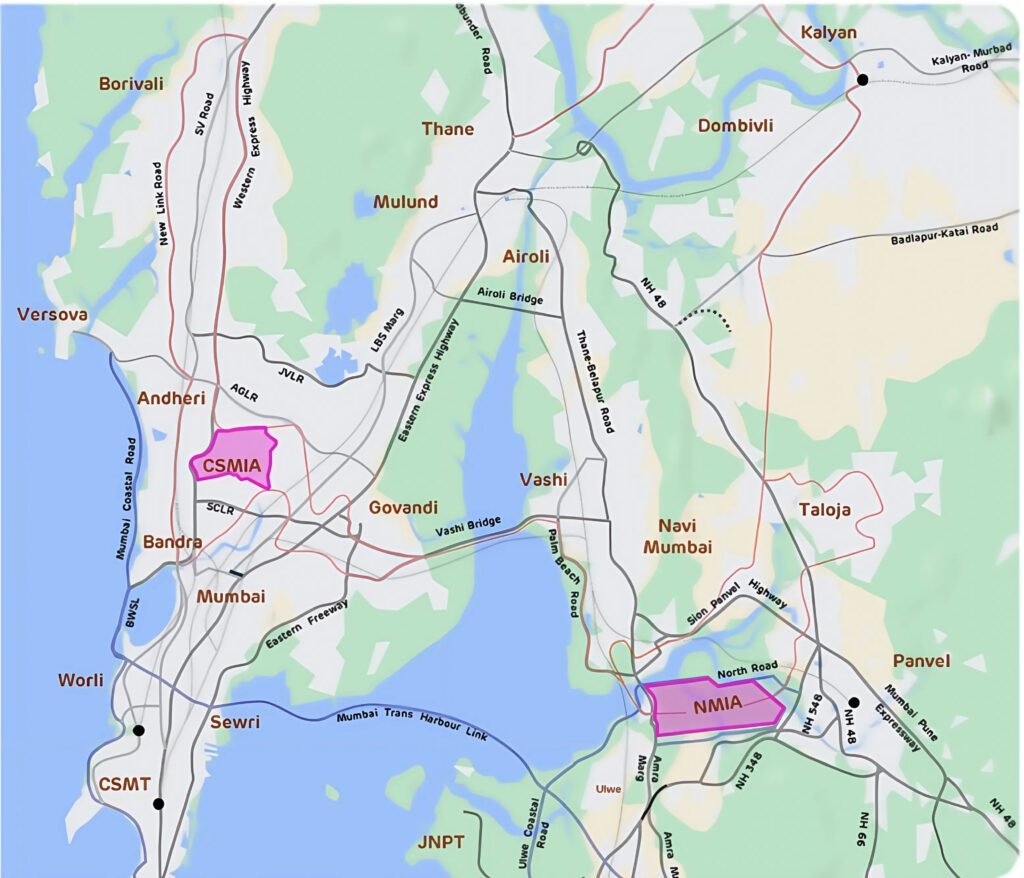 Map showing the locations of CSMIA and NMIA with major connectivity routes across the Mumbai Metropolitan Region.