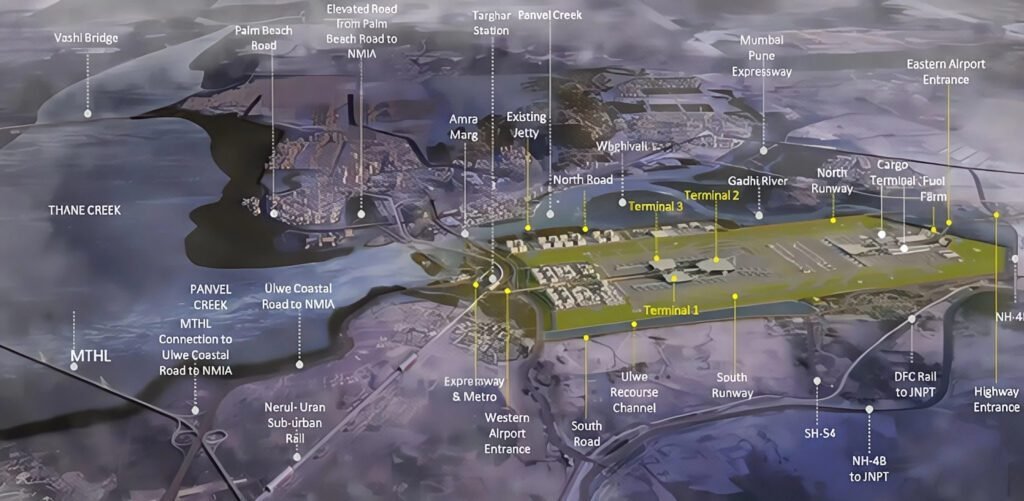 Aerial illustration of the NMIA layout showing terminals, runways, and connecting road networks.