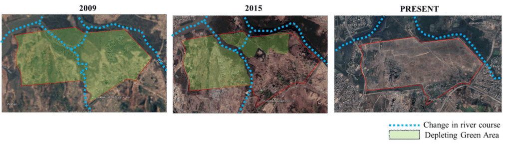 Satellite images comparing the NMIA site before and after land reclamation and construction activity.