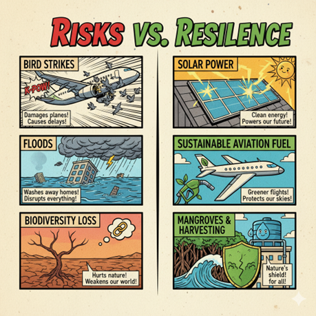 Illustrated infographic comparing environmental risks and resilience strategies for NMIA.