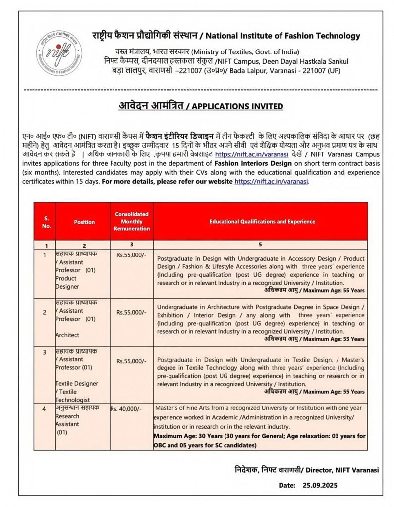 Official notification for NIFT Varanasi faculty and research assistant recruitment 2025