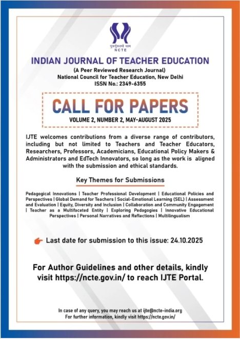 Poster announcing Call for Papers for Indian Journal of Teacher Education (IJTE) May–August 2025 issue by NCTE