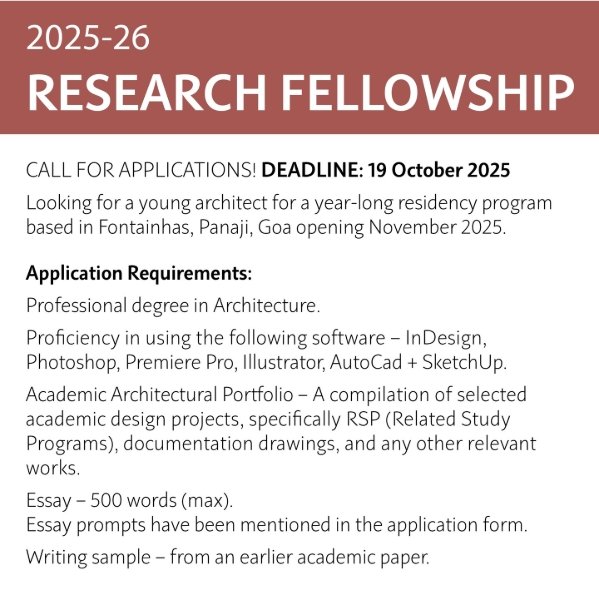 Charles Correa Foundation announces 2025–26 Research Fellowship in Goa for young architects.