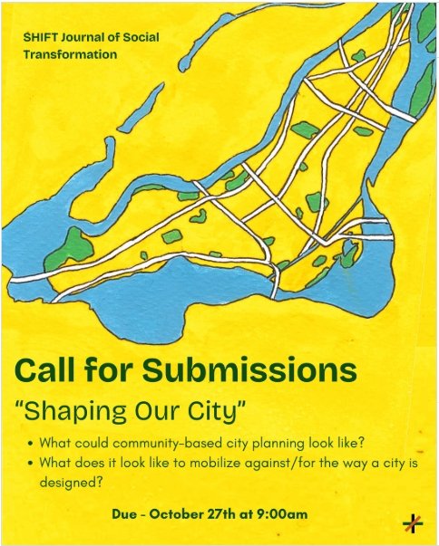Poster announcing SHIFT Journal’s call for submissions for Shaping Our City ,featuring a stylized map of Montreal with a yellow background.