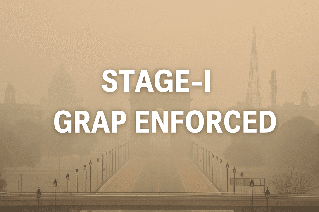 Smog-covered Delhi skyline with air pollution warning — CAQM enforces Stage-I GRAP with a 27-point action plan to curb pollution in NCR